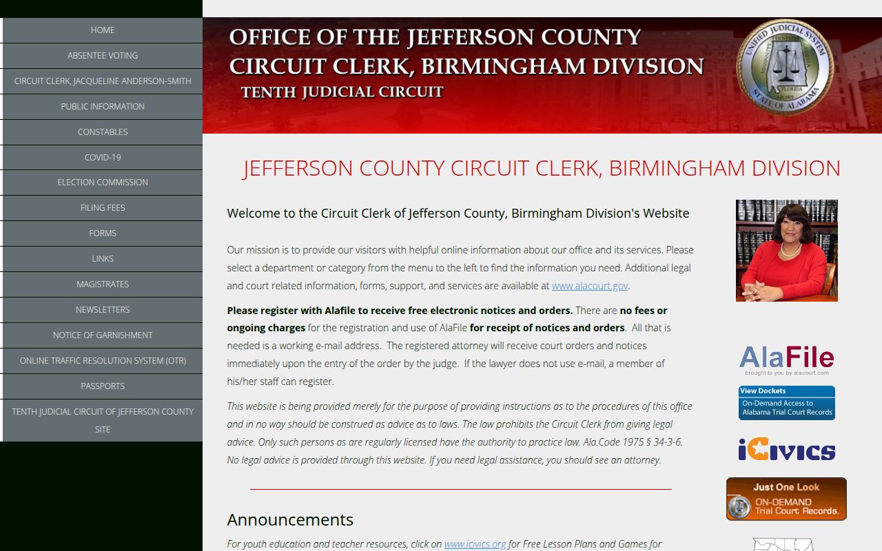 Jefferson County Circuit Clerk office in Birmingham serving court docket records requests