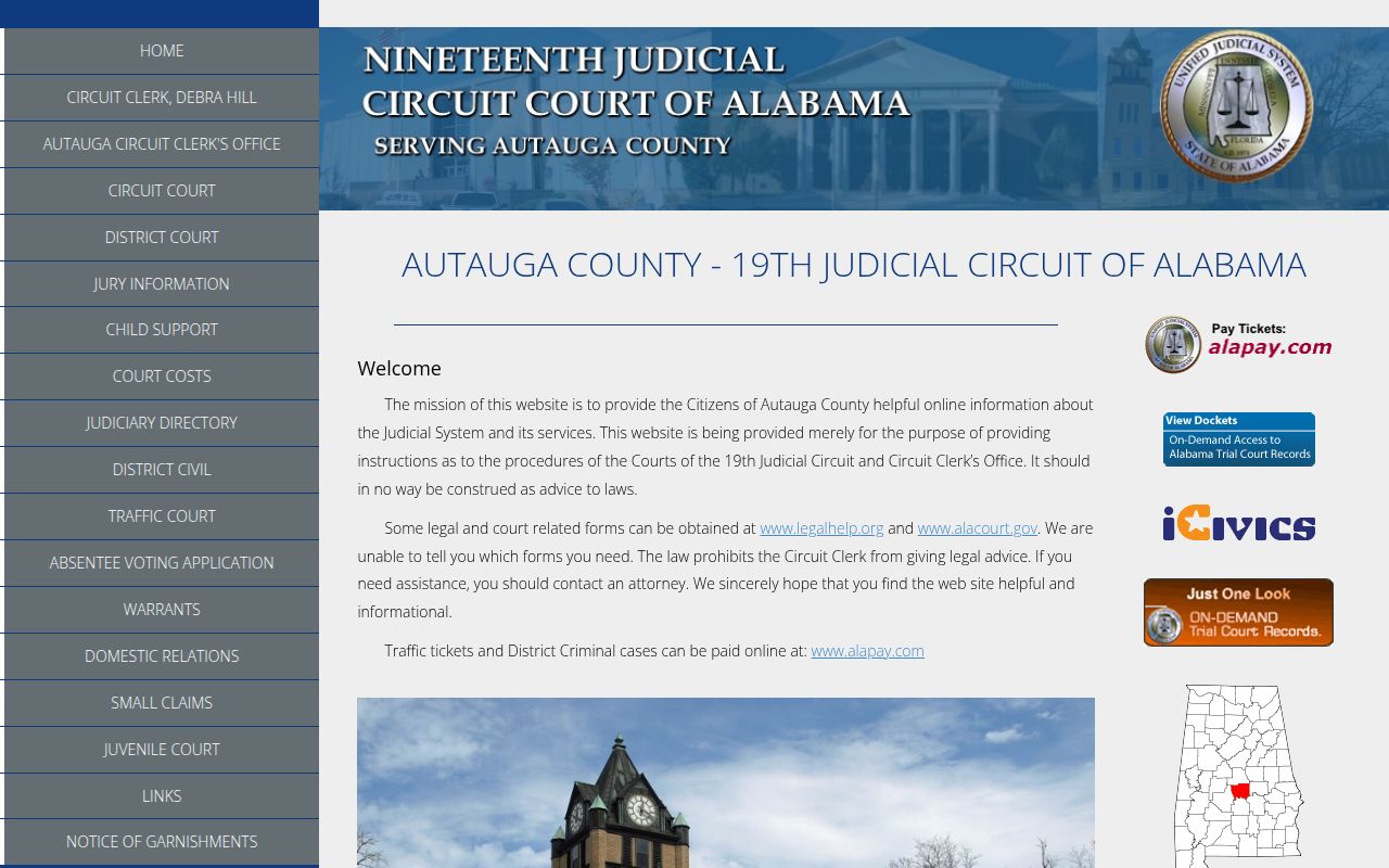 Alacourt ACCESS search page showing Autauga County court records portal