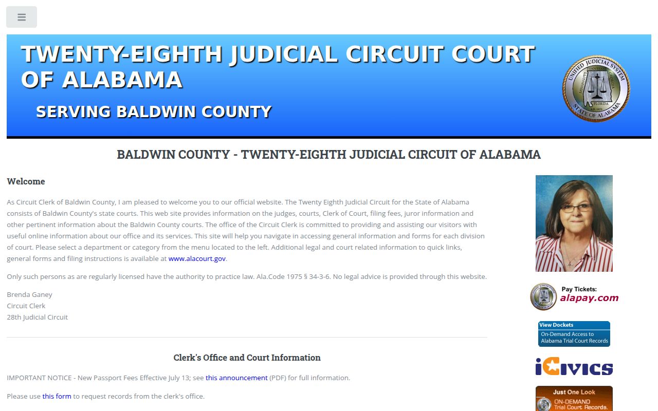 Alacourt ACCESS search page for Baldwin County court records