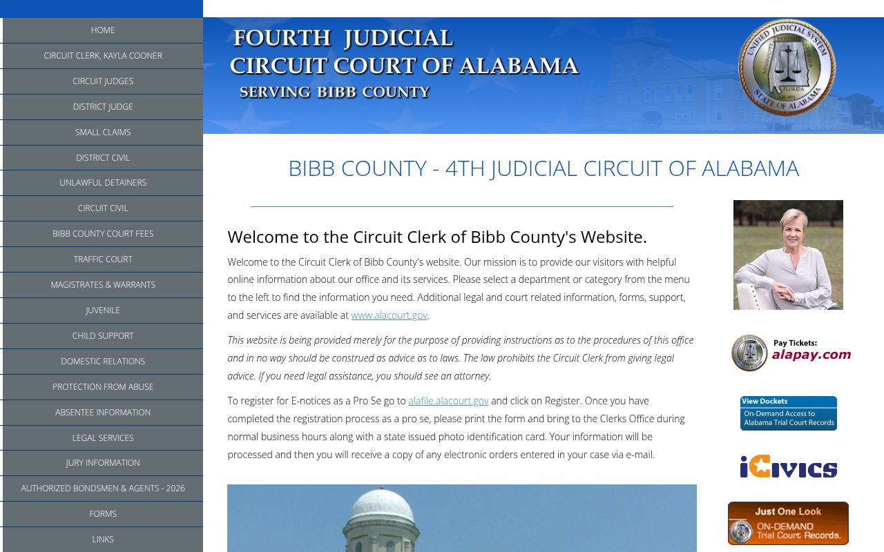 Alacourt ACCESS search page for Bibb County court records