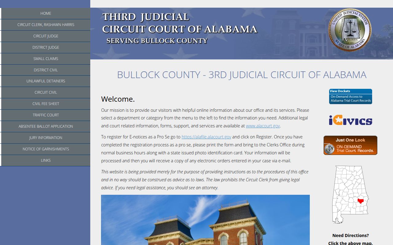 Alacourt ACCESS search page for Bullock County court records