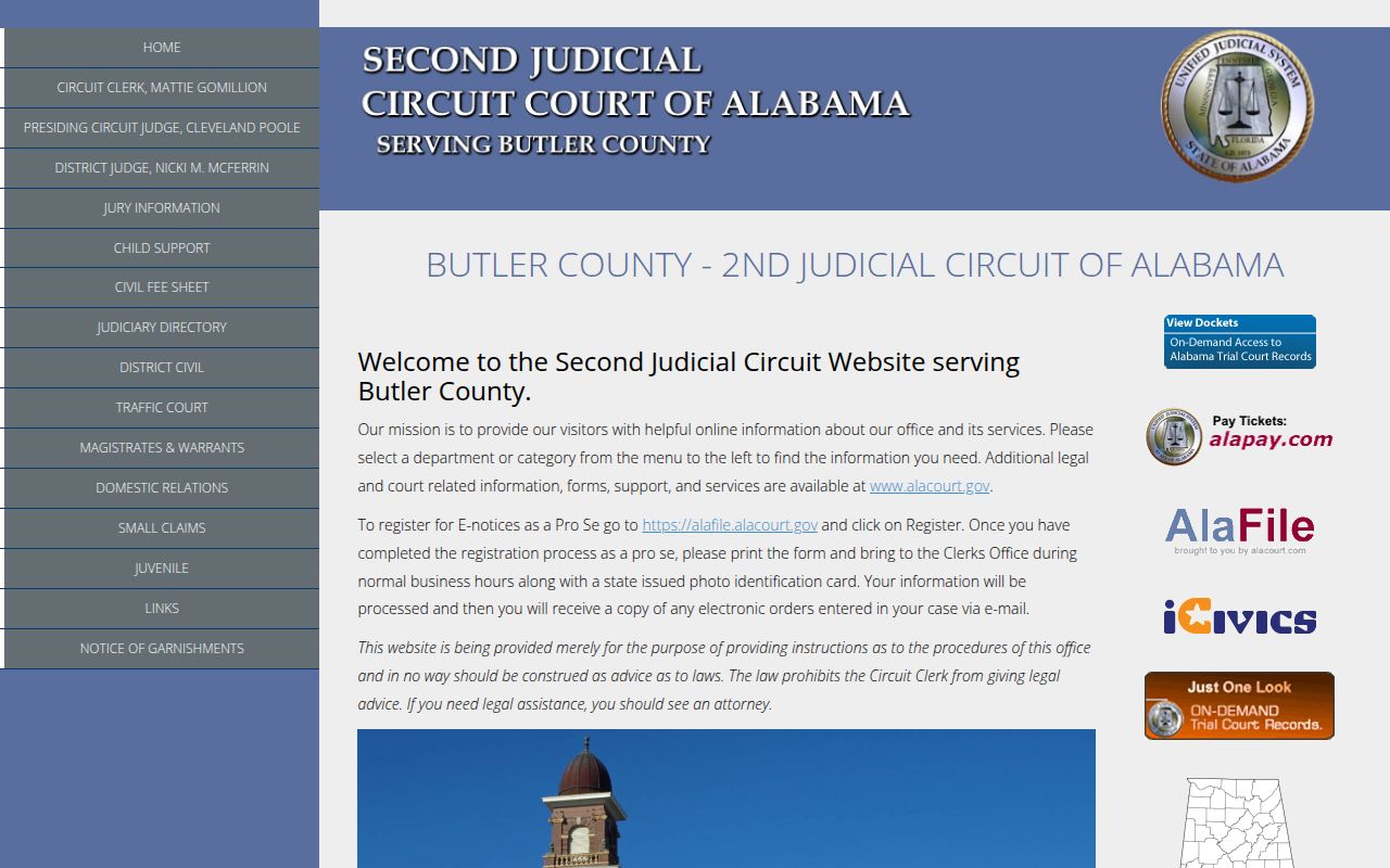 Alacourt ACCESS search page for Butler County court records