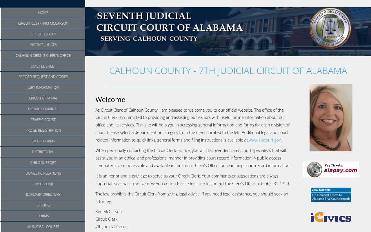 Alacourt ACCESS search page for Calhoun County court records