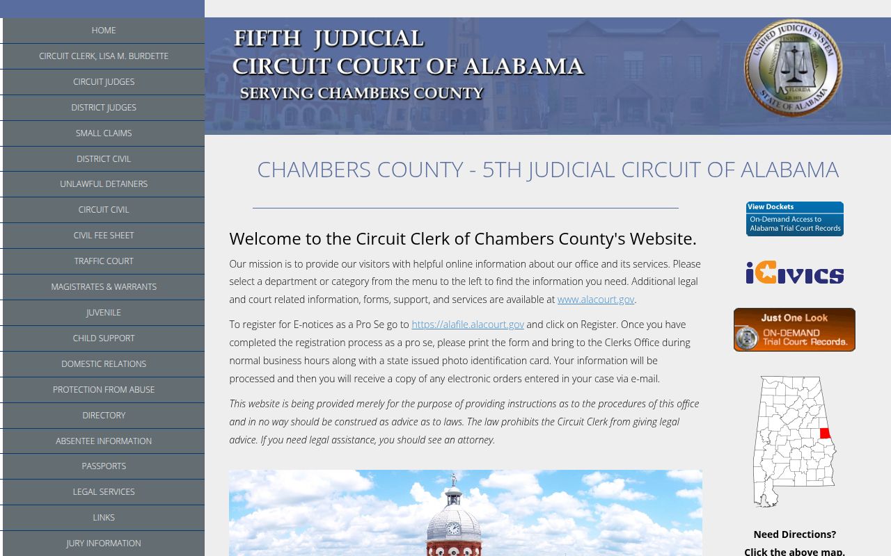 Alacourt ACCESS search page for Chambers County court records