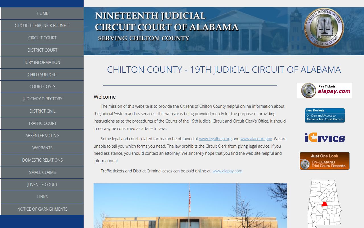Alacourt ACCESS search page for Chilton County court docket records