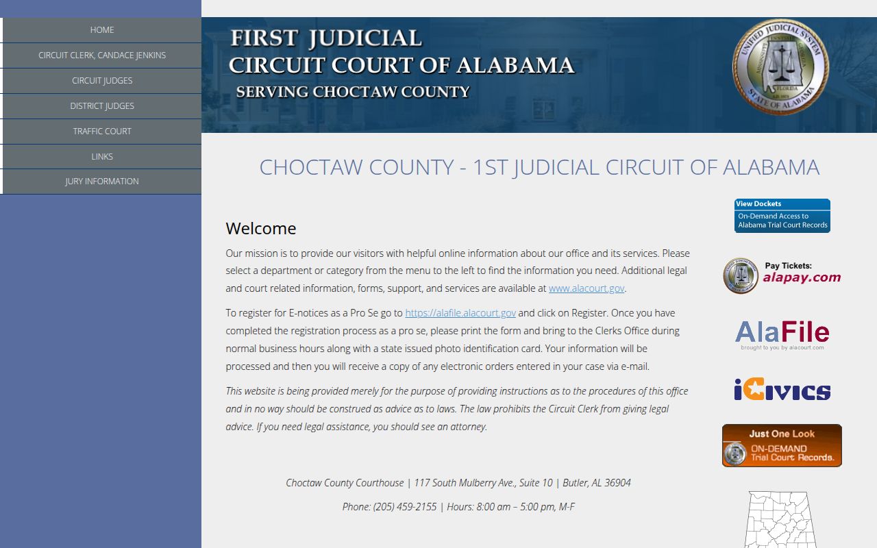 Alacourt ACCESS search page for Choctaw County court docket records