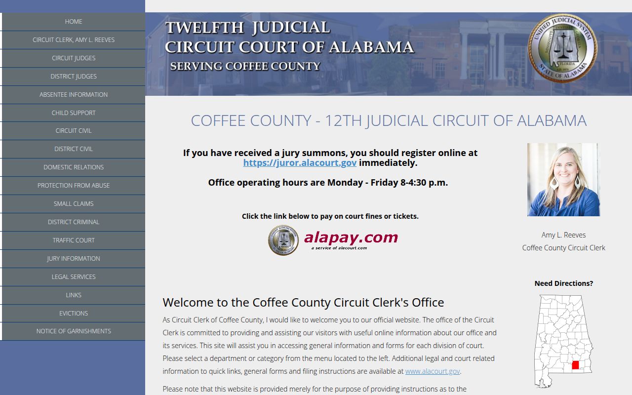 Alacourt ACCESS search page for Coffee County court docket records