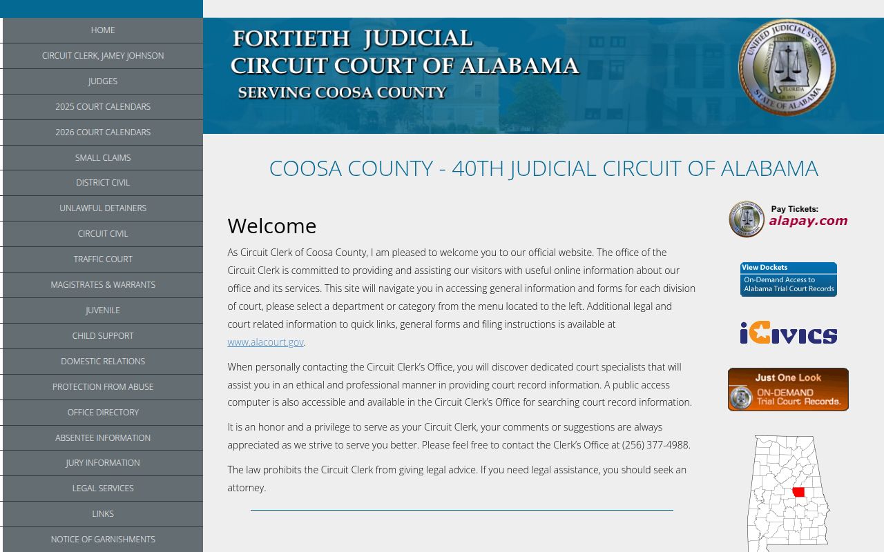 Alacourt ACCESS search page for Coosa County court docket records