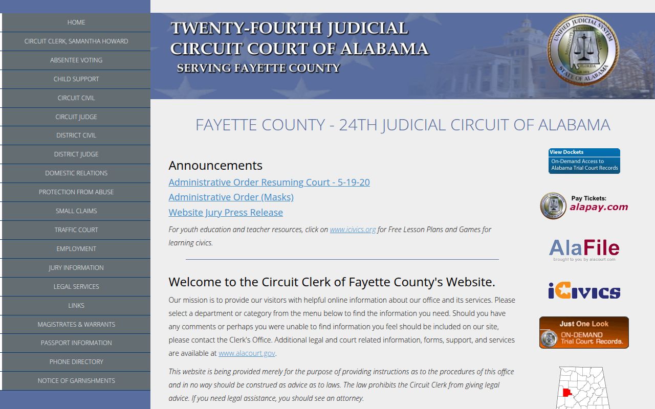 Alacourt ACCESS portal for searching Fayette County court records