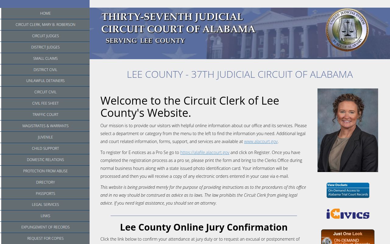 Alacourt ACCESS search portal for Lee County Alabama court records