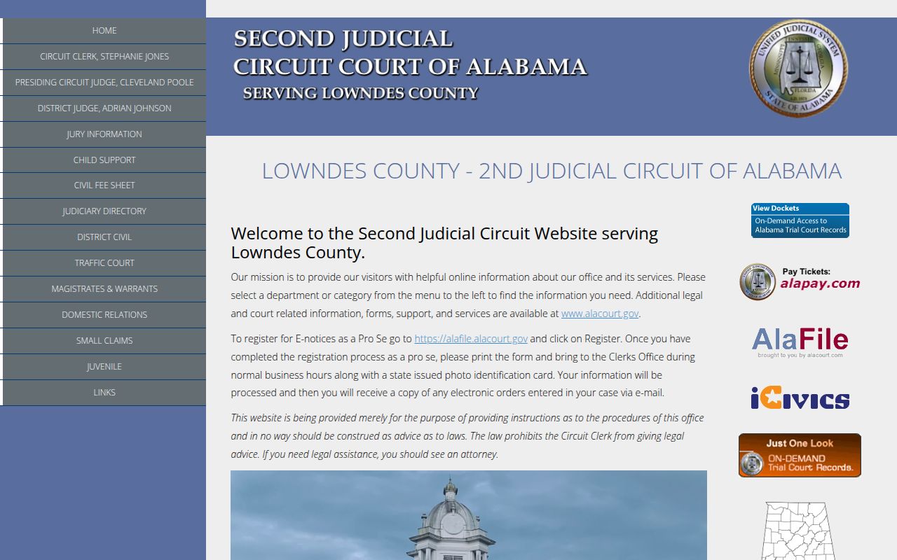 Alacourt ACCESS portal for searching Lowndes County Alabama court docket records