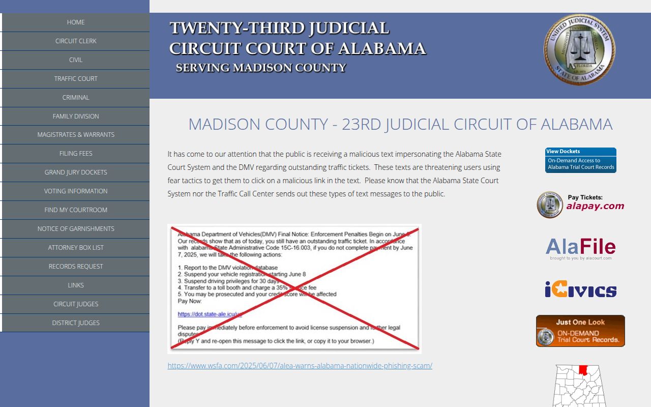 Alacourt ACCESS search portal for Madison County Alabama court docket records