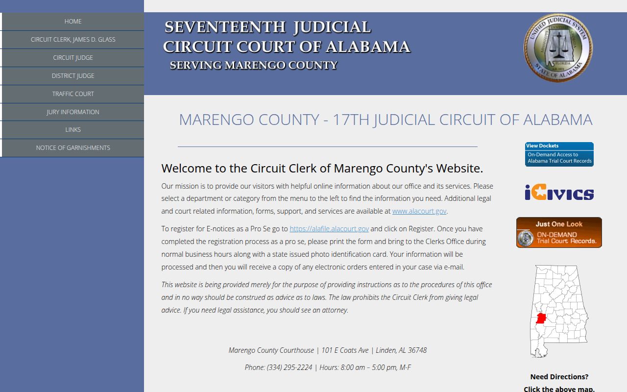 Alacourt ACCESS search portal for Marengo County Alabama court docket records