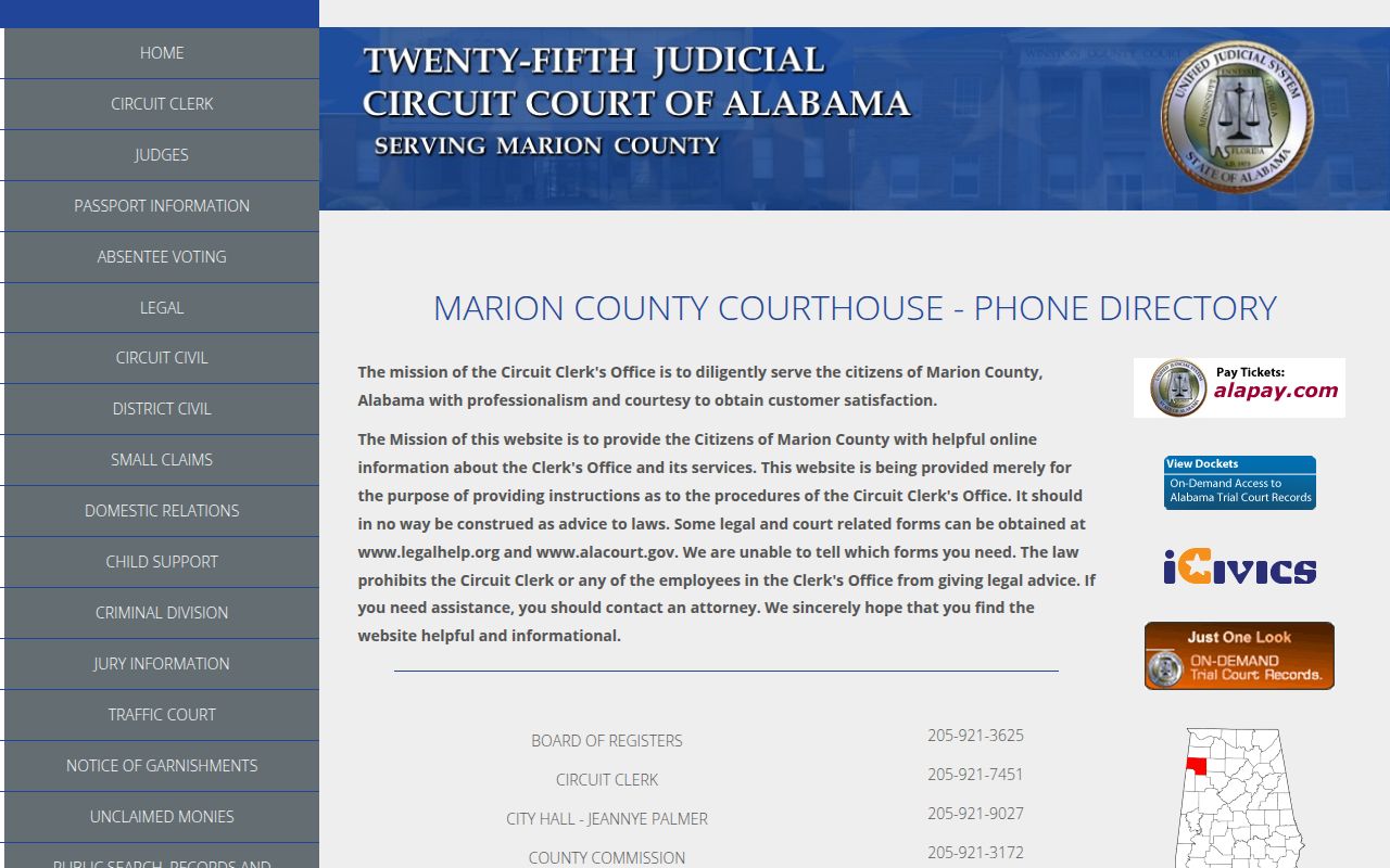 Alacourt ACCESS search portal for Marion County Alabama court docket records