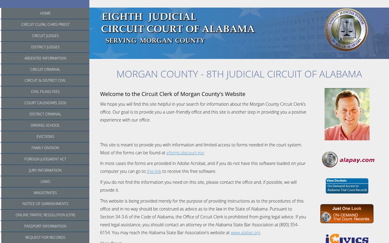 Morgan County court records search page on Alacourt ACCESS portal