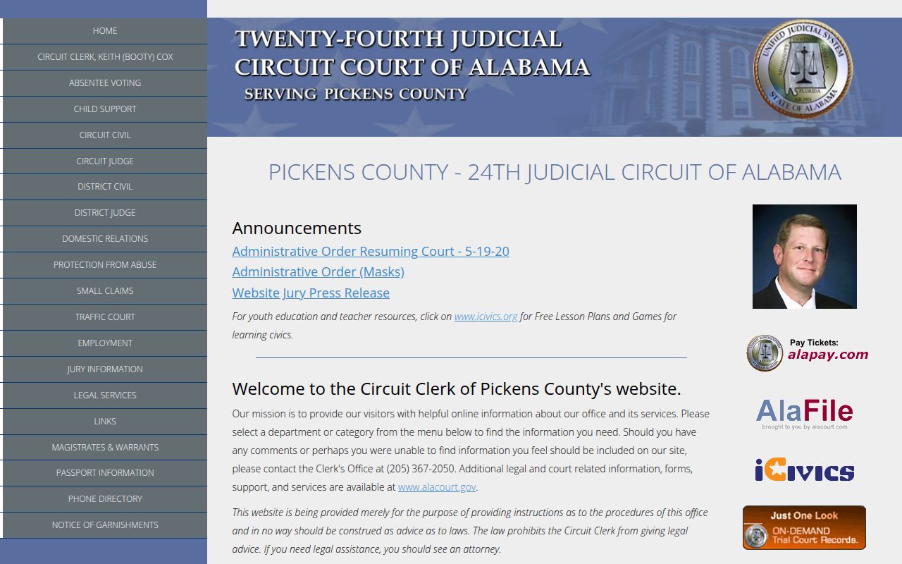 Pickens County court records search page on Alacourt ACCESS portal