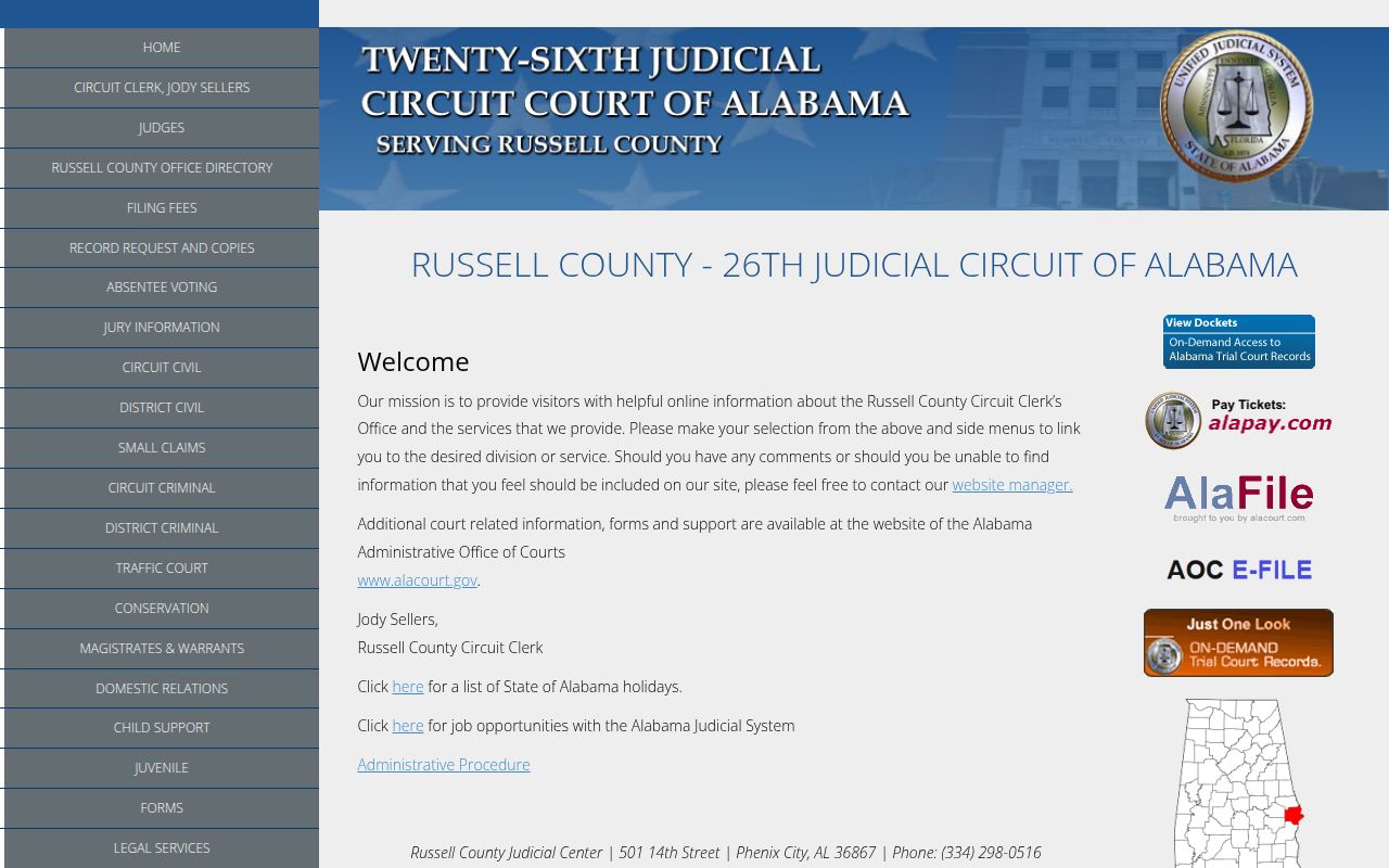 Russell County court records search page on Alacourt ACCESS portal