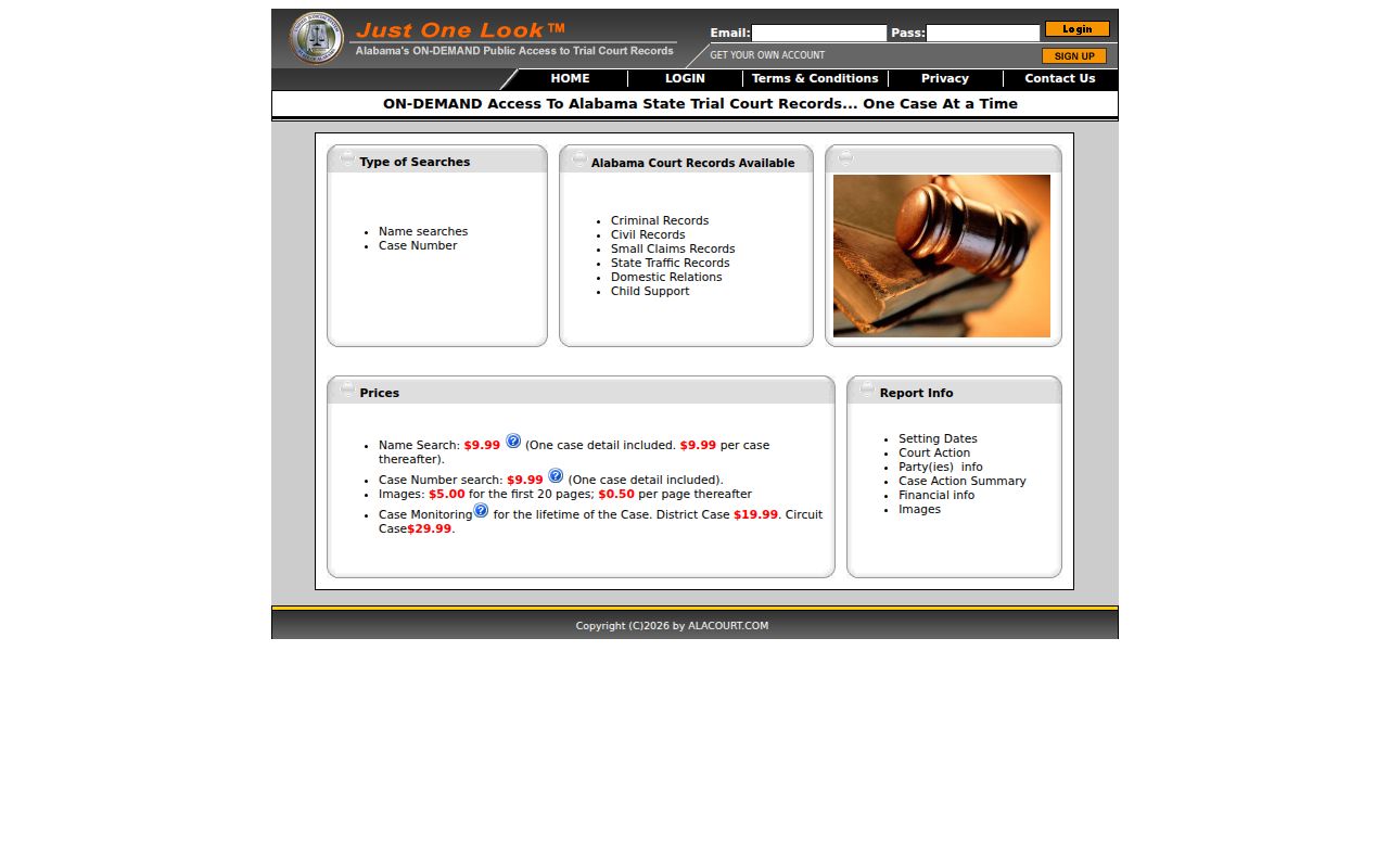 Alacourt ACCESS homepage showing the statewide court records search portal
