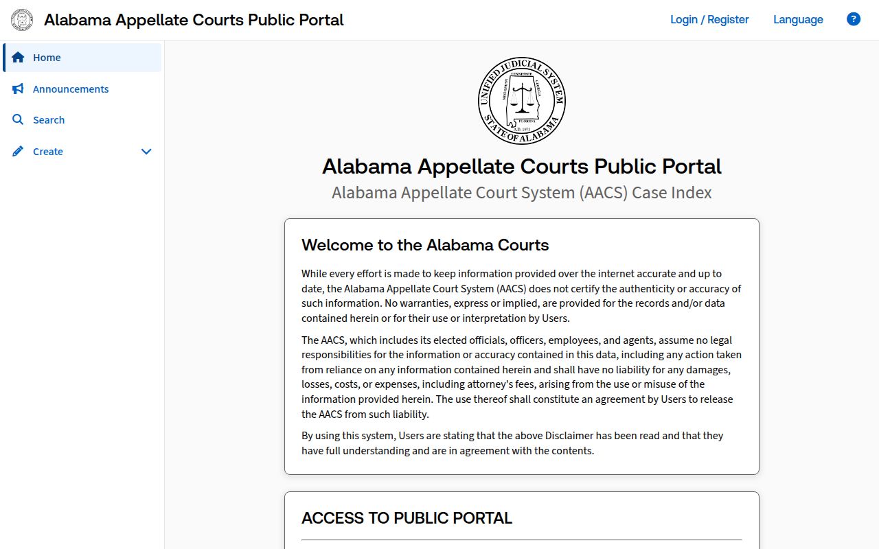 Alabama Appellate Courts Public Portal search interface