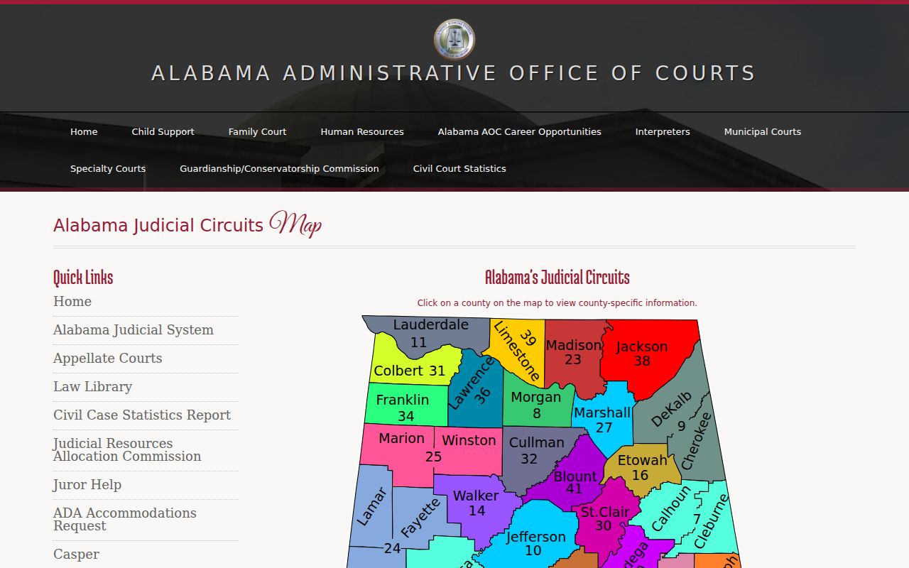 Map showing Alabama's 41 judicial circuits